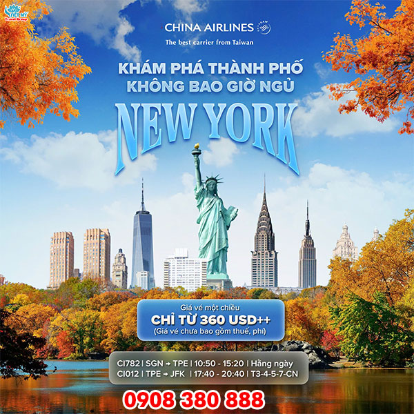 China Airlines ưu đãi vé đi New York chỉ từ 360 USD